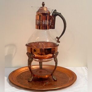 Vintage Corning Copper and Glass Coffee Tea Carafe Pot With Lid Stand and Tray